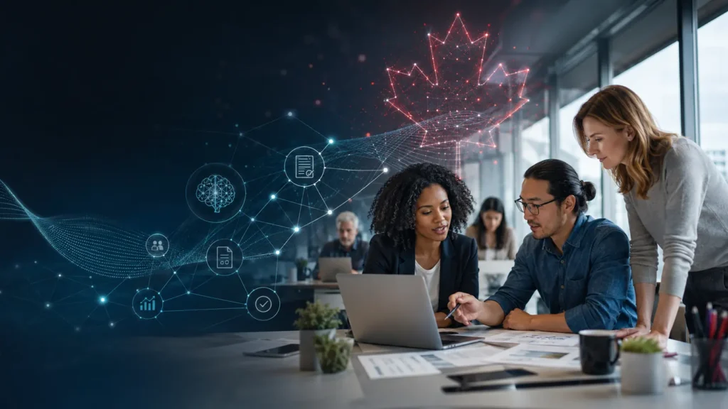 Canadian professionals using artificial intelligence tools in a modern workplace