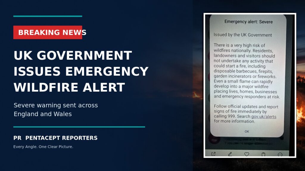 UK Government emergency alert warning residents about a very high risk of wildfires across England and Wales.